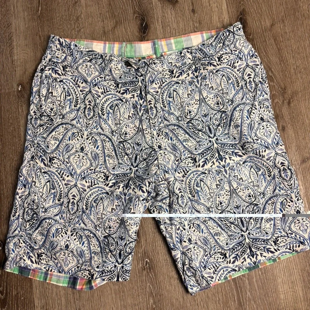 Tommy‎ Bahama Linen Shorts Mens 38 Plaid Paisley Flat Front Reversible 10